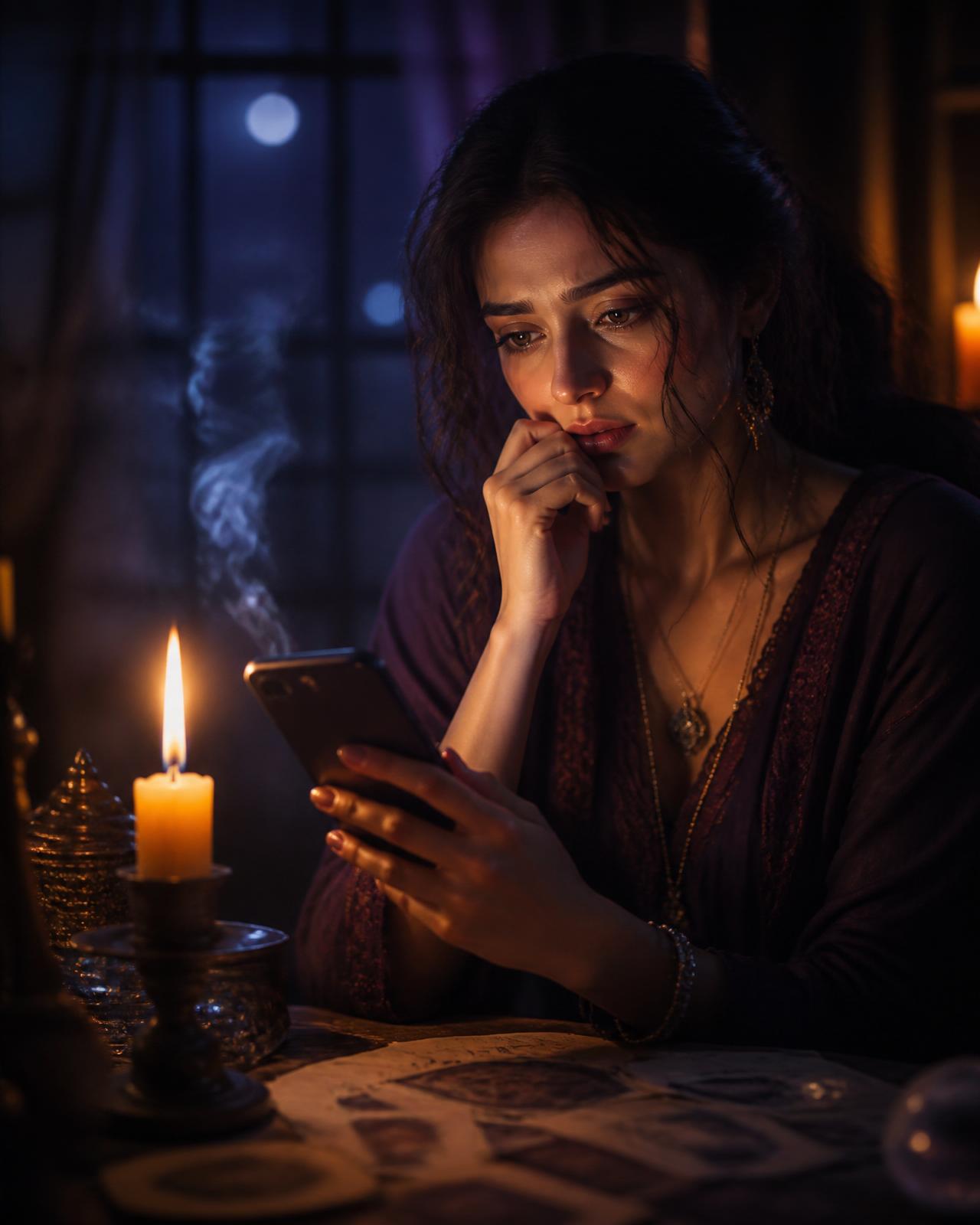 Mujer mirando su teléfono a la luz de una vela esperando un mensaje