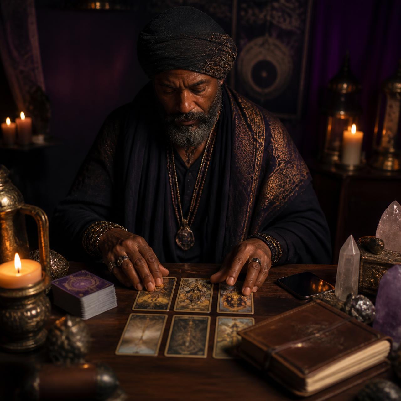 Maestra de Amor en su altar espiritual con velas, cartas y cuarzos