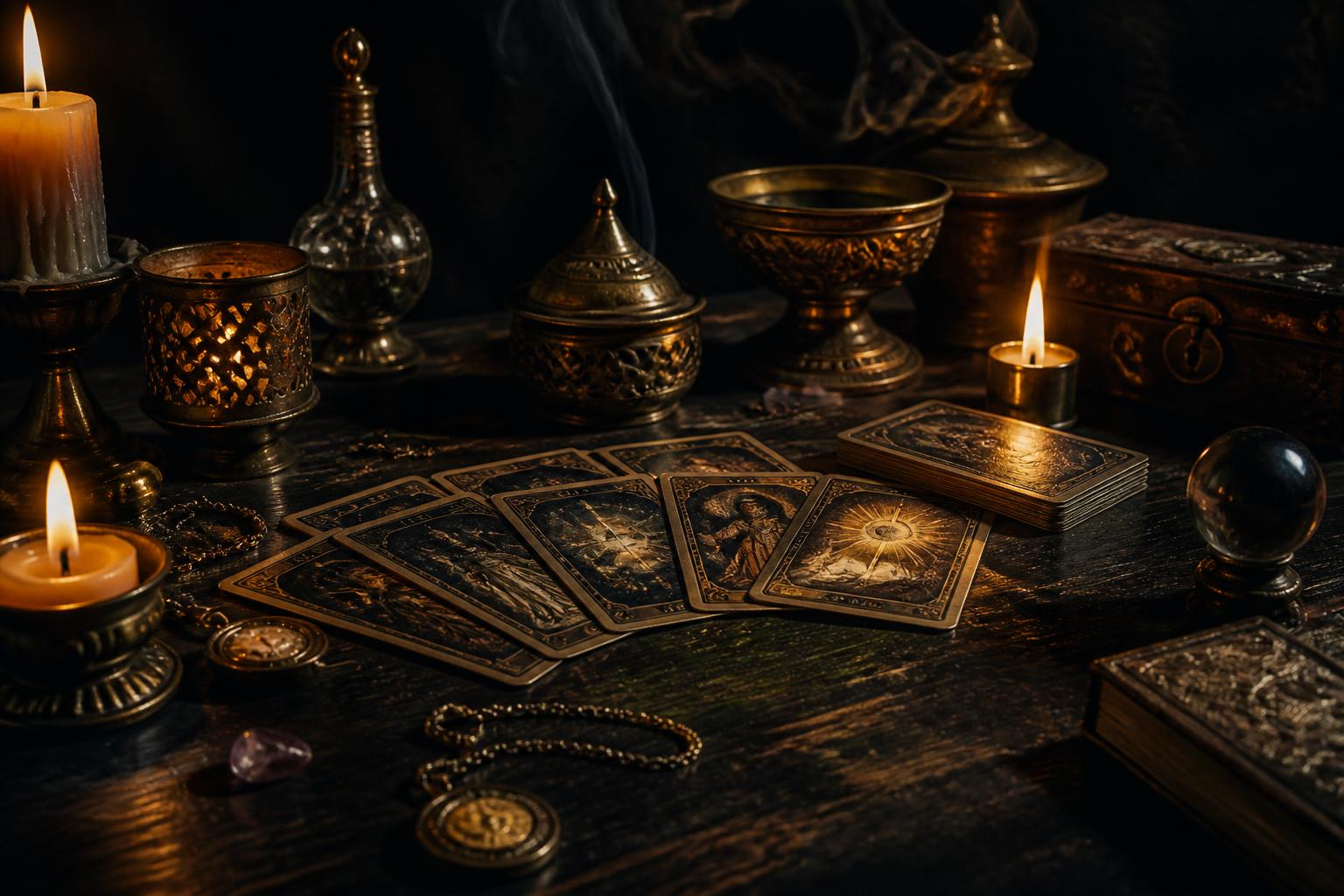 Mesa de consulta espiritual con velas, cartas y amuletos