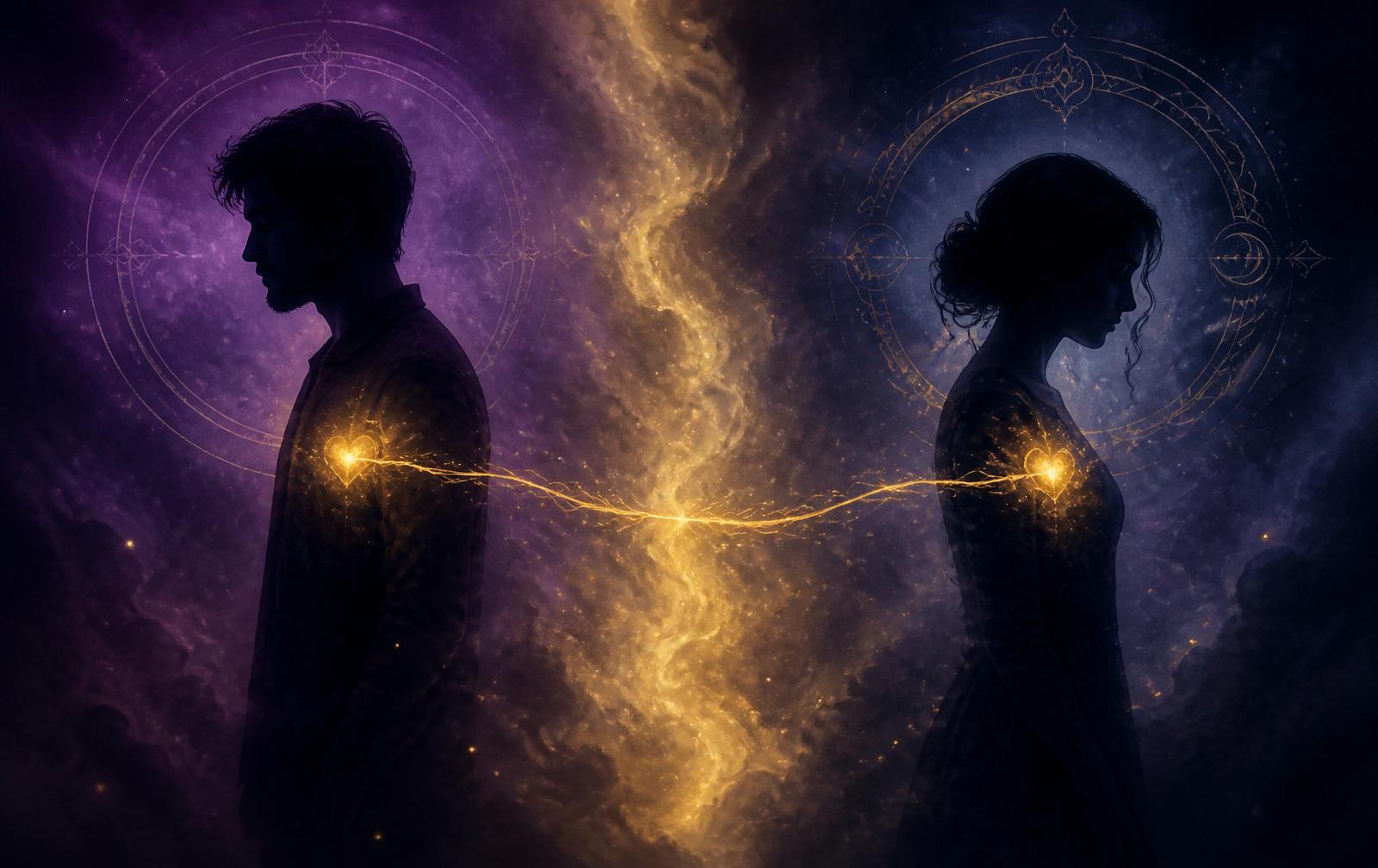 Silueta de una pareja unida por un hilo energético dorado