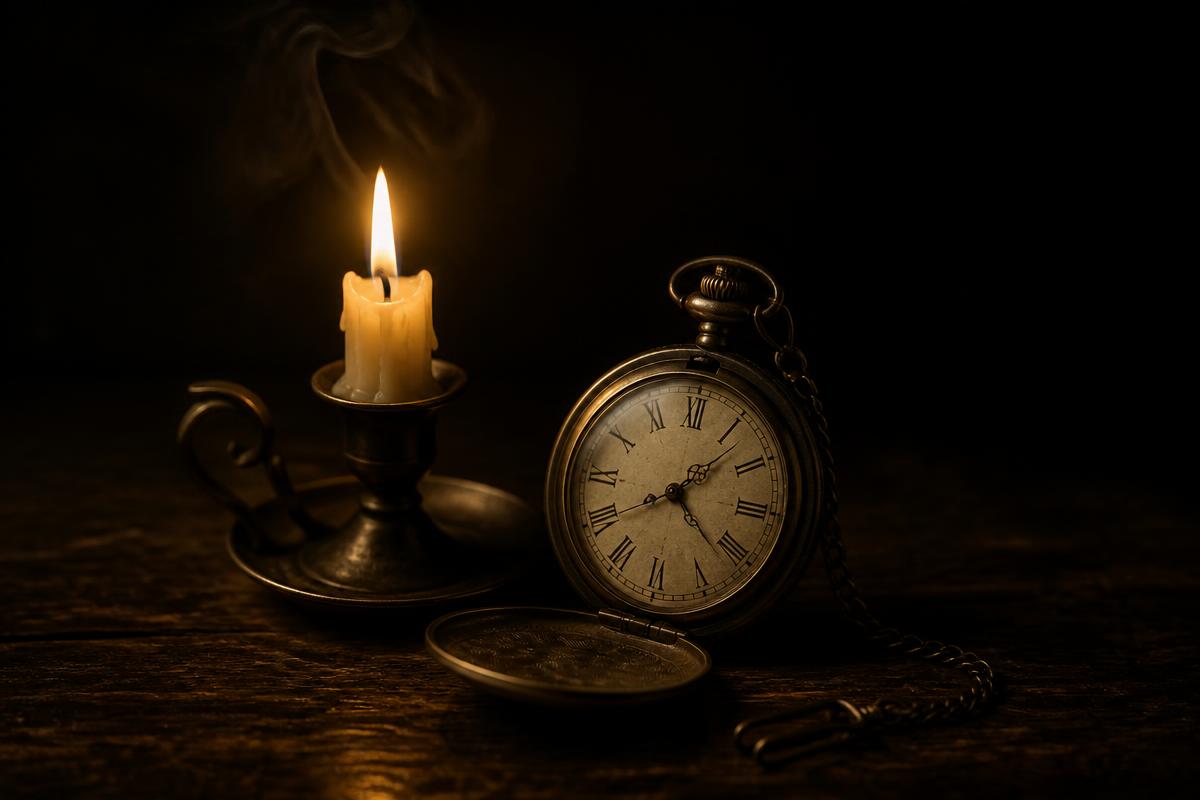 Vela encendida junto a un reloj antiguo, símbolo de disponibilidad limitada